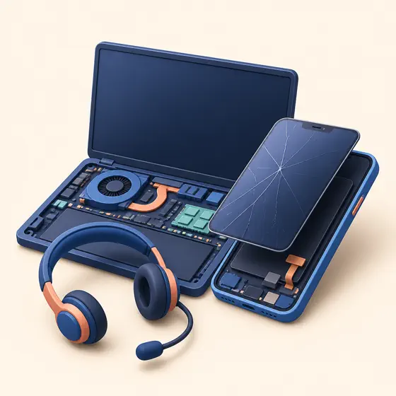 Laptop, telefon și căști care ilustrează reparațiile și suportul IT